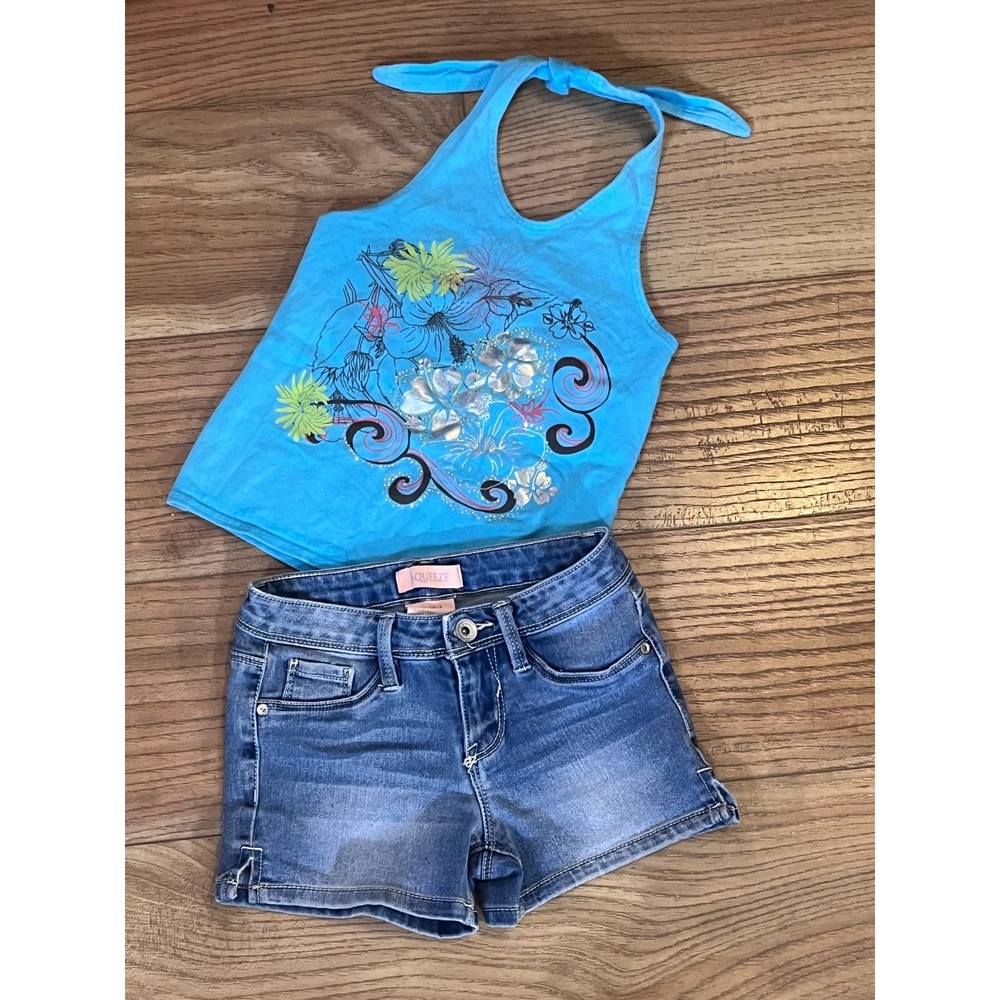Girls Size 7 Squeeze Blue Jean Shorts With Blue Arizona Flower Halter Top Size 7